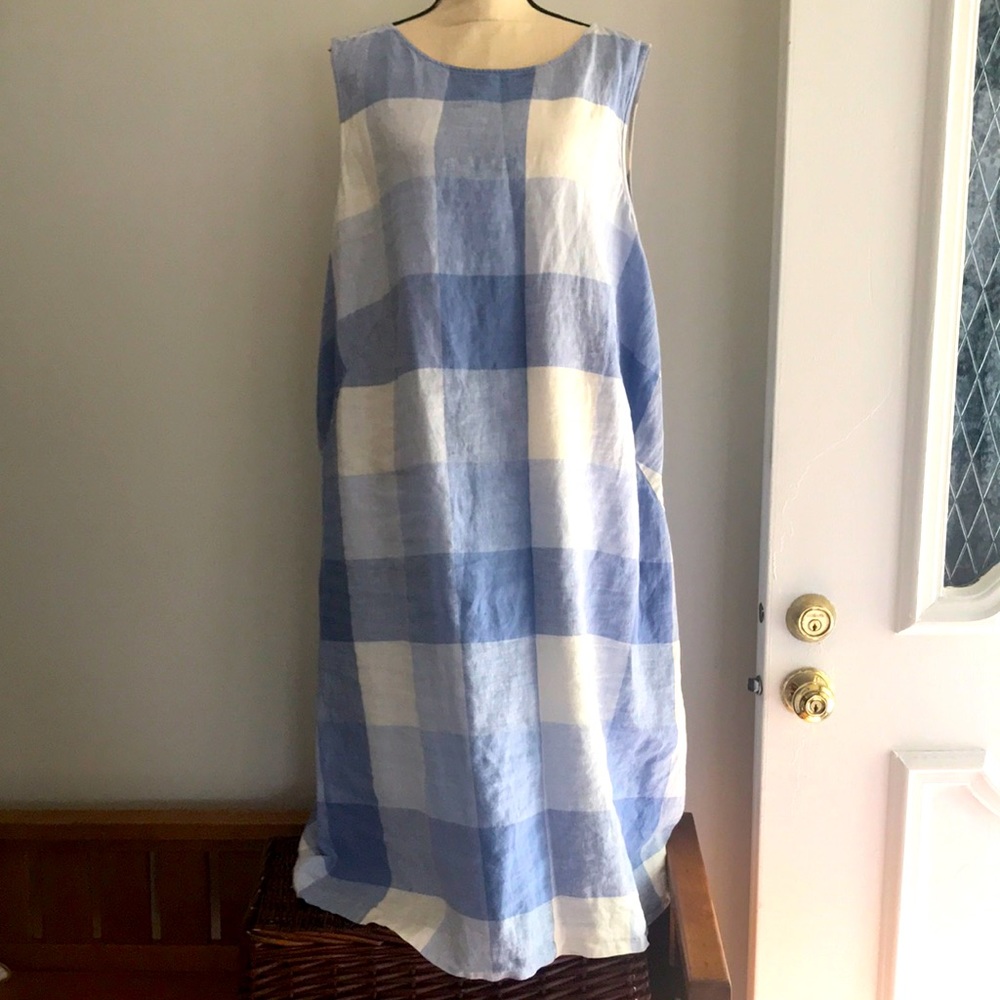 J Jill pure linen gingham blue midi dress